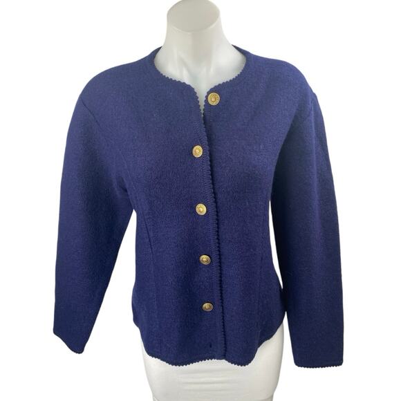 Vintage Tally-Ho Blue Wool Long Sleeve Gold Button Blazer Cardigan Sweater M - Picture 1 of 3